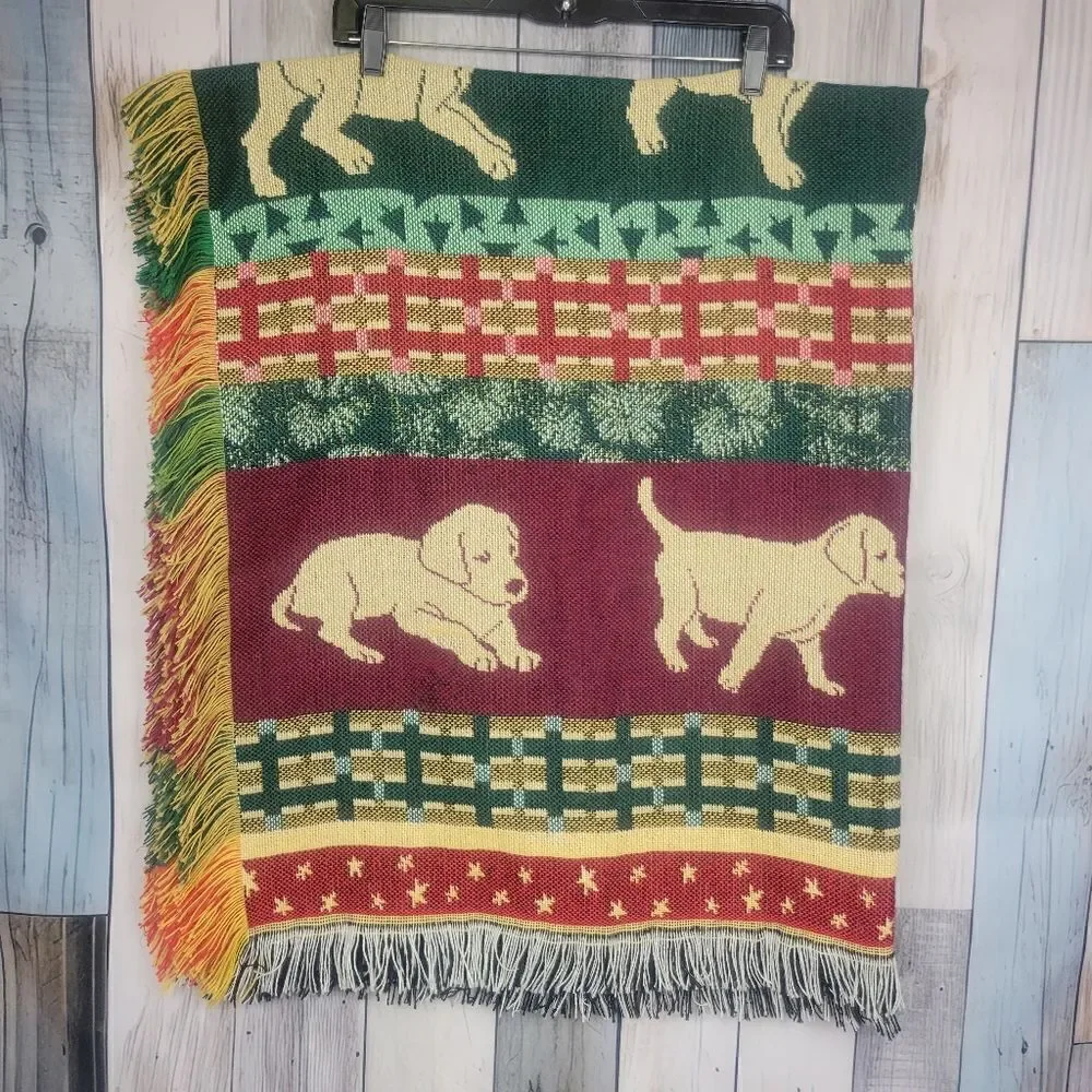 Dog Puppy Pattern Blanket Afgan Red Green Fringe Sides - Picture 1 of 6